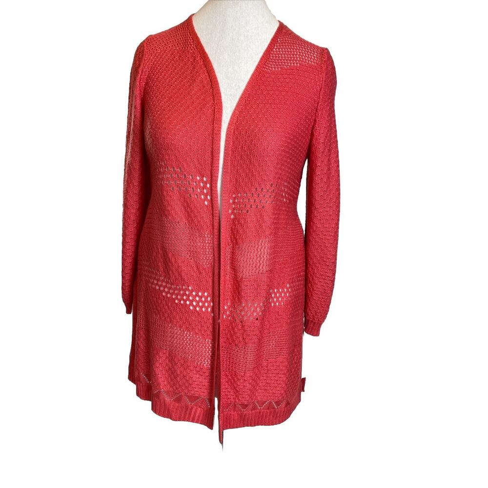 99 Jane Street Long Open Cardigan Sweater, Coral Rose, Crocheted size Large